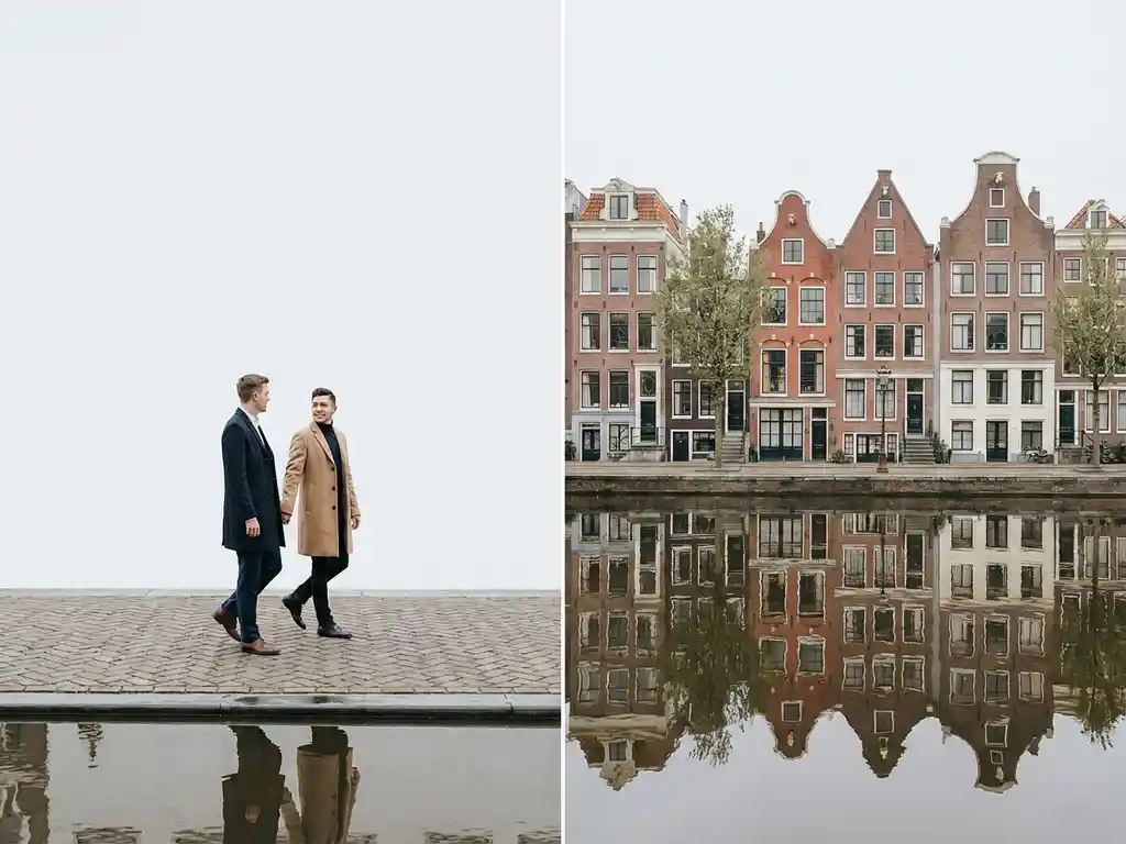 Jong professioneel koppel wandelt hand in hand langs Amsterdamse gracht met karakteristieke smalle bakstenen grachtenpanden
