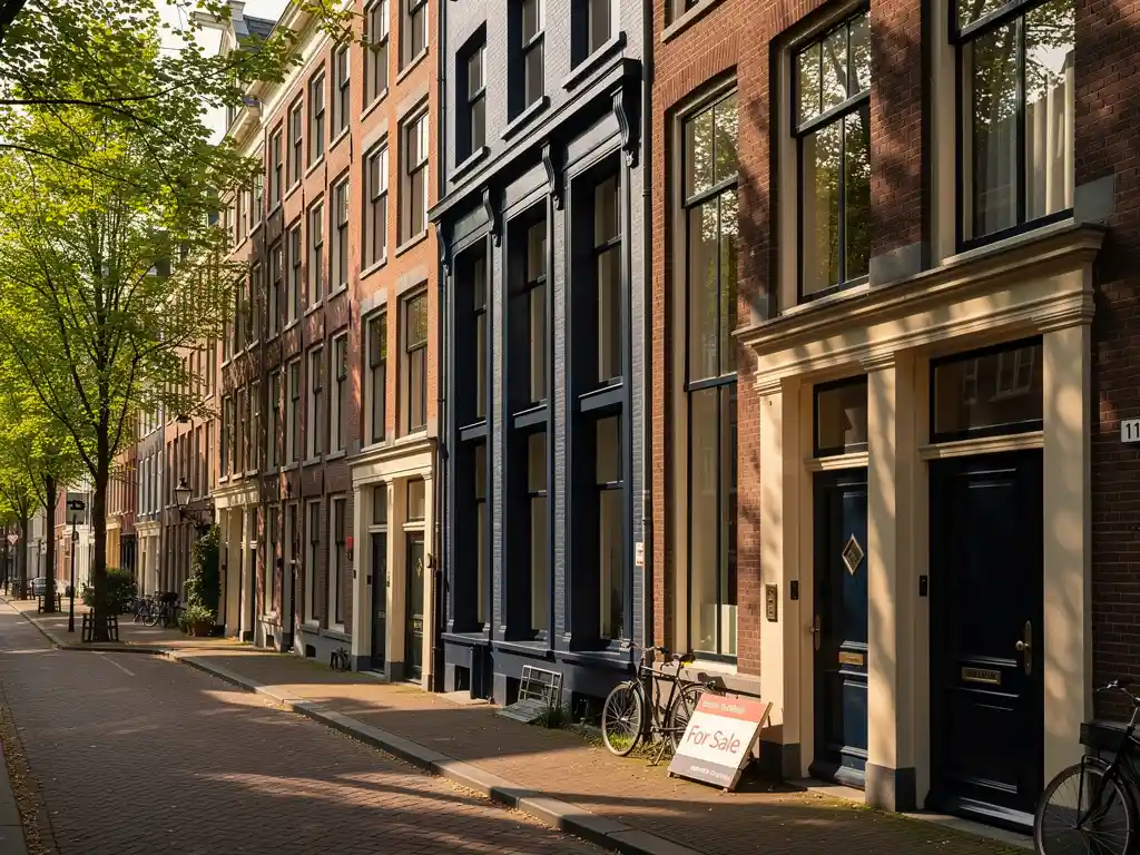 Klassiek Amsterdams grachtenpand met subtiel "Te Koop" bordje tegen elegante bakstenen gevel, omringd door historische woningen