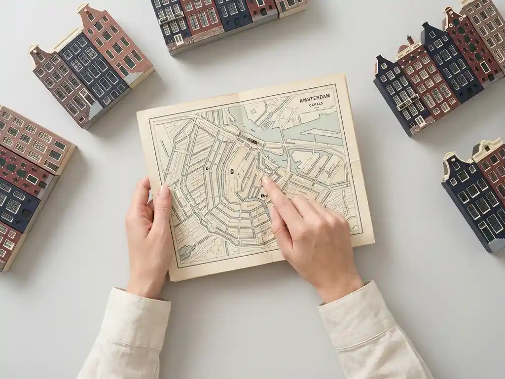 Makelaar wijst naar grachtendistrict op Amsterdam kaart omringd door miniatuur grachtenpanden modellen