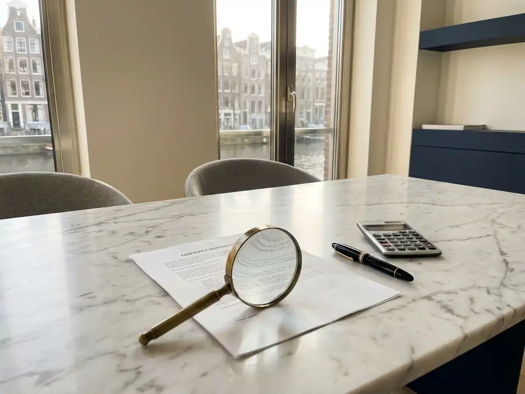 Vergrootglas boven wit contract op marmeren bureau met vulpen en rekenmachine, Amsterdam kantoor met grachtzicht
