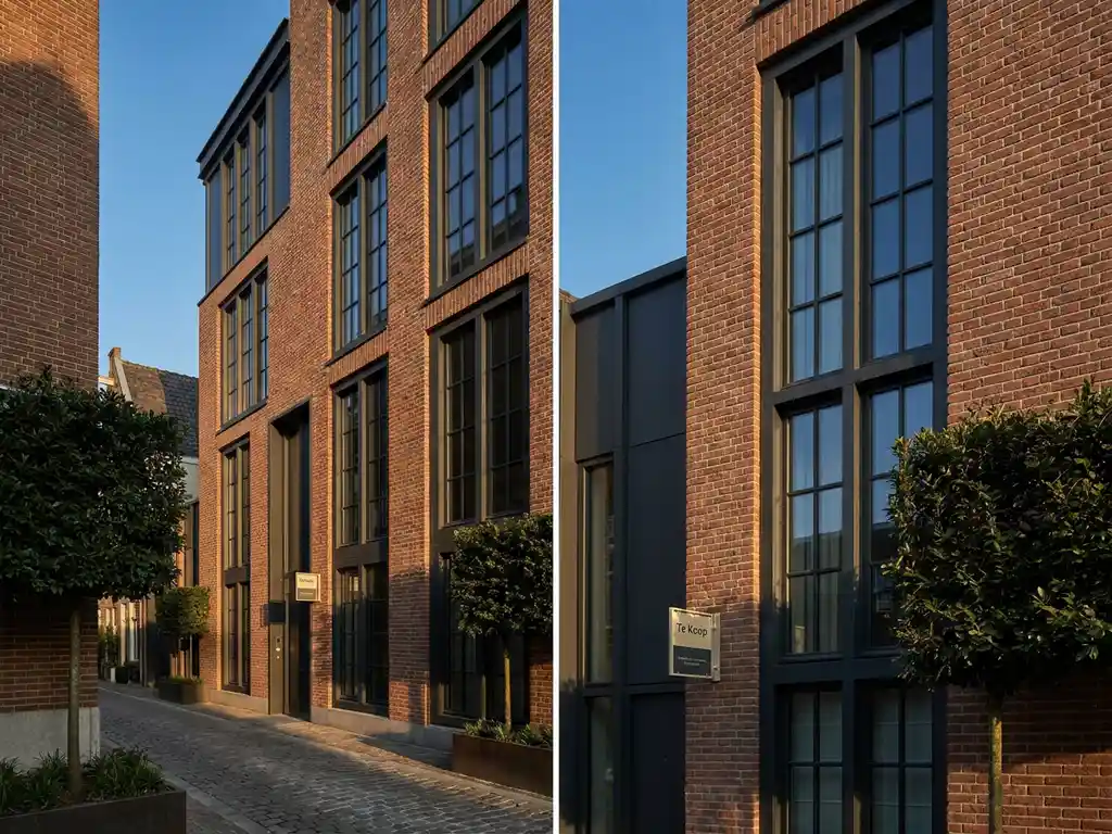 Luxe Amsterdams grachtenpand met klassieke bakstenen gevel en elegante hoge ramen, te koop bord zichtbaar op geplaveide straat