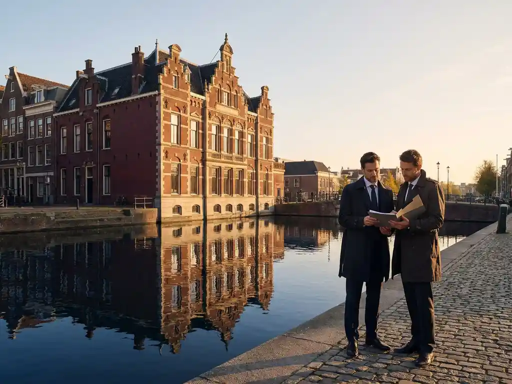 Professioneel stel bestudeert documenten bij 17e-eeuws grachtenpand met gevel weerspiegeld in Amsterdamse gracht