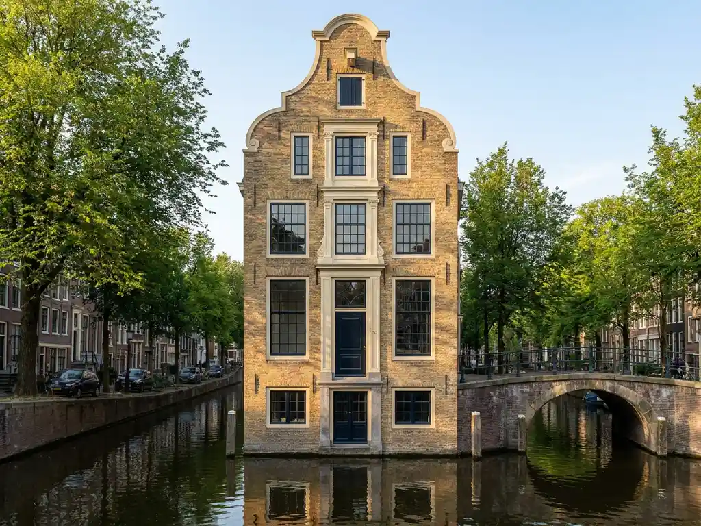 17e-eeuws Amsterdams grachtenpand met symmetrische gevel, sierlijke dakrand en grote ramen langs serene gracht met stenen brug