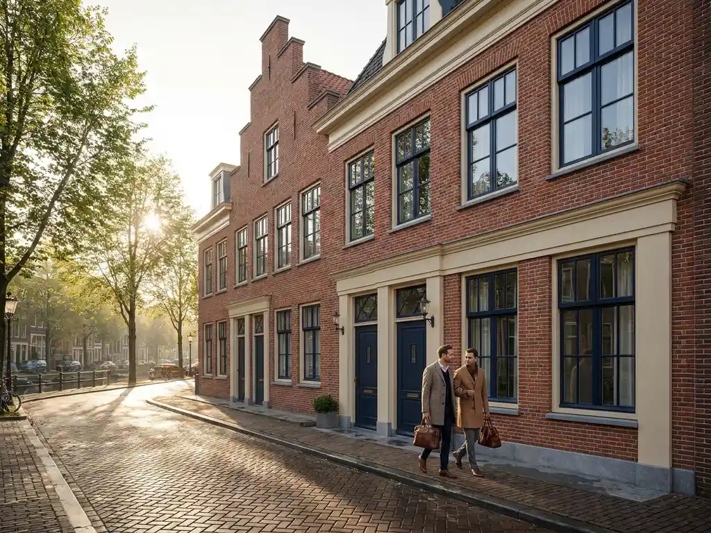 Elegant Amsterdams grachtenpand met trapgevel tussen historische bakstenen gebouwen, professioneel koppel loopt naar de ingang