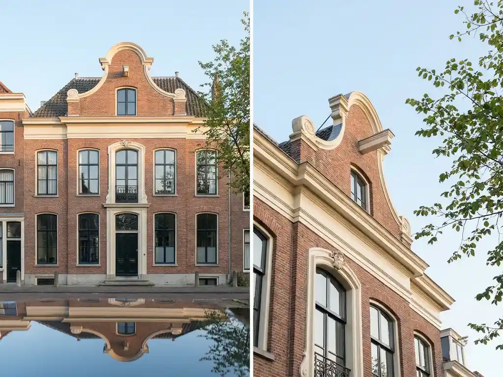 Elegant Amsterdams grachtenpand met hoge ramen en sierlijke geveldetails weerspiegeld in stil kanaalwater bij ochtendlicht