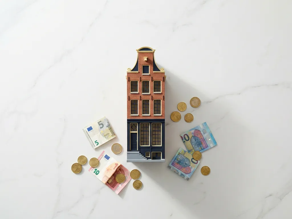 Miniatuur Amsterdam grachtenpand model op witte marmeren tafel omringd door gouden munten en eurobiljetten