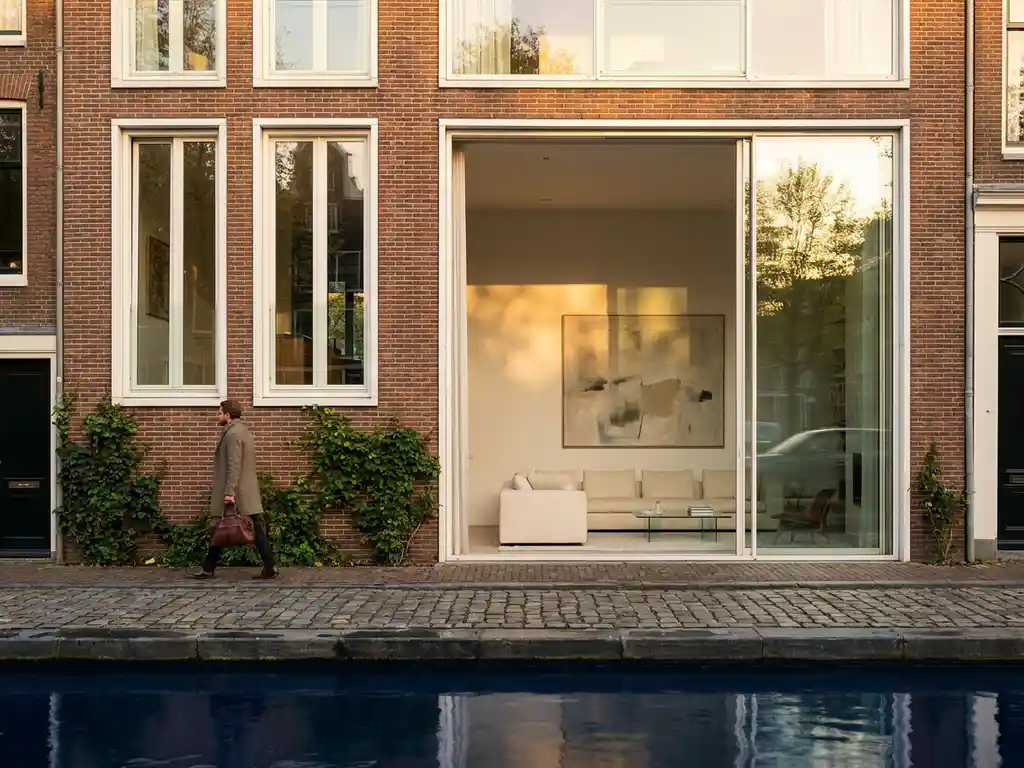 Modern Amsterdams grachtenpand met grote ramen die gouden uurtlicht reflecteren, minimalistisch interieur zichtbaar, voetganger op kinderkopjes