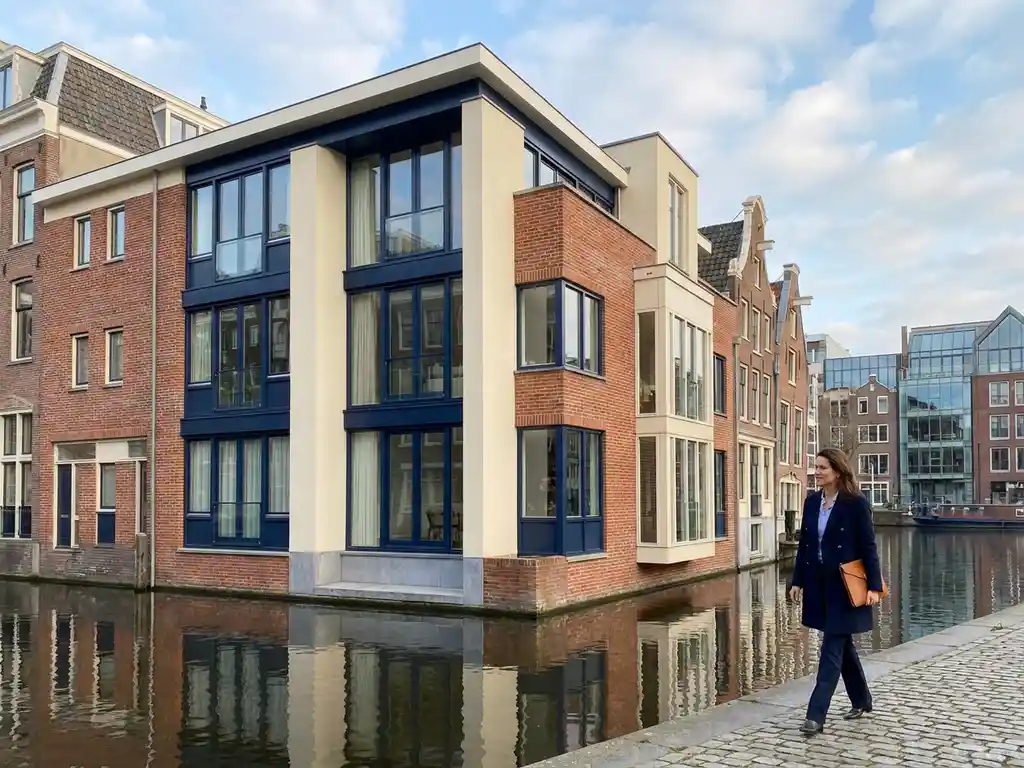 Elegante vrouw met leren portfolio loopt langs Amsterdamse gracht met moderne bakstenen gevels en grote ramen