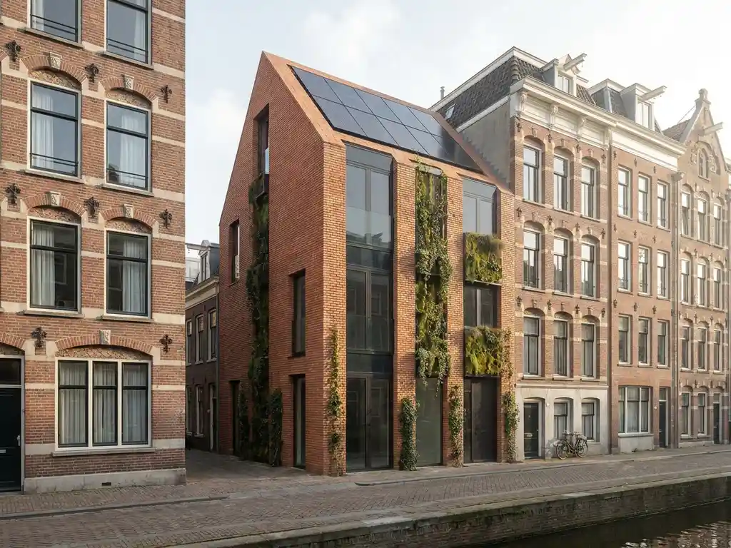 Modern Amsterdams grachtenpand met zonnepanelen en groene gevels tussen historische gebouwen langs waterweg
