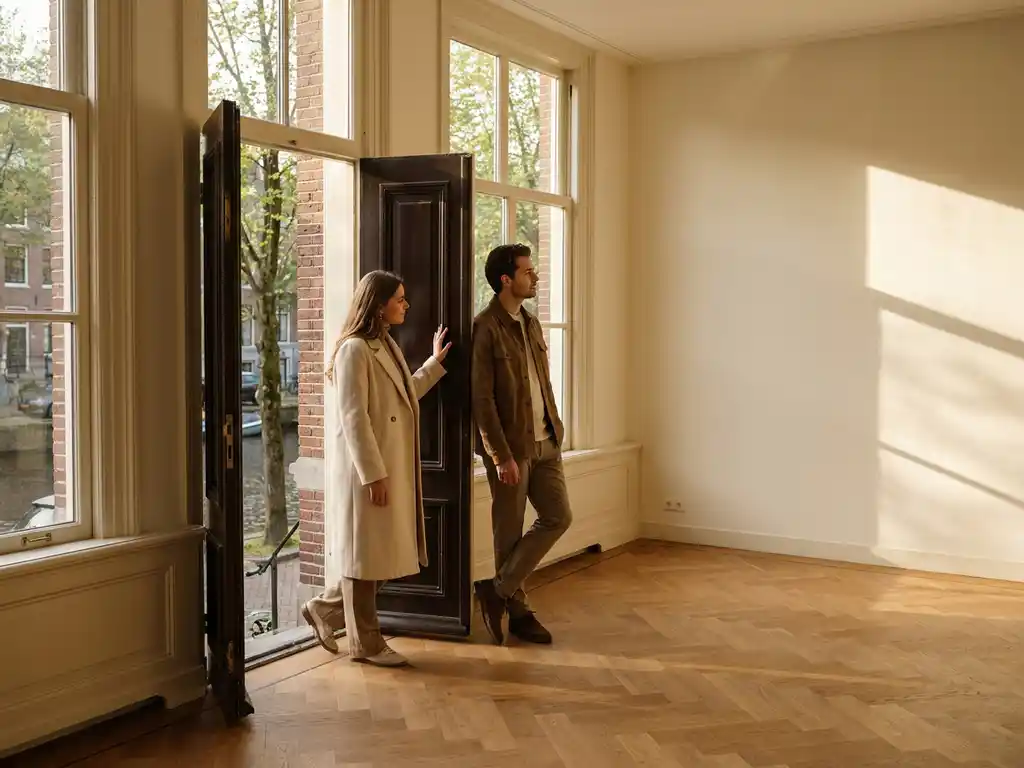 Jong stel bekijkt peinzend het interieur van een elegante Amsterdamse grachtenpand met visgraatvloer en warme bakstenen accenten