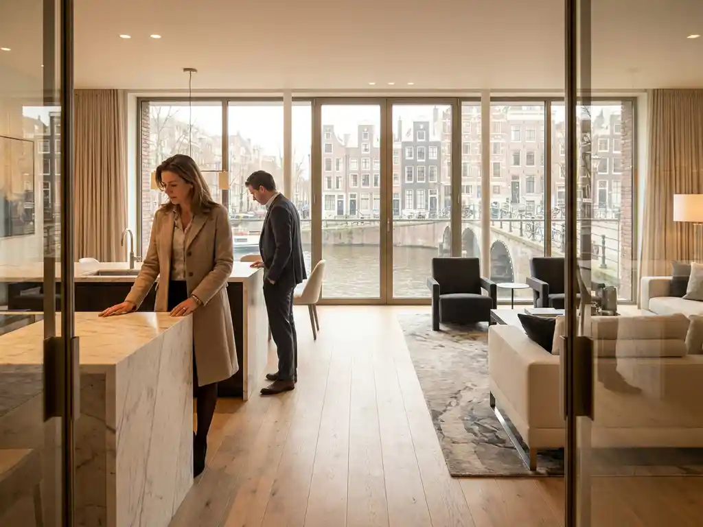 Luxe appartement interieur met vloer-tot-plafond ramen, Amsterdamse grachten uitzicht, koper bekijkt marmeren aanrechtblad en hardhouten vloeren
