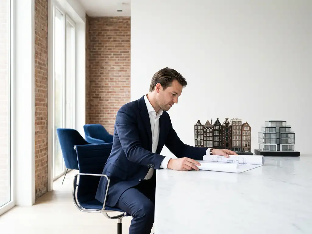 Luxe makelaar in donkerblauwe pak bestudeert blauwdrukken op marmeren bureau met schaalmodellen van Amsterdamse grachtenpanden