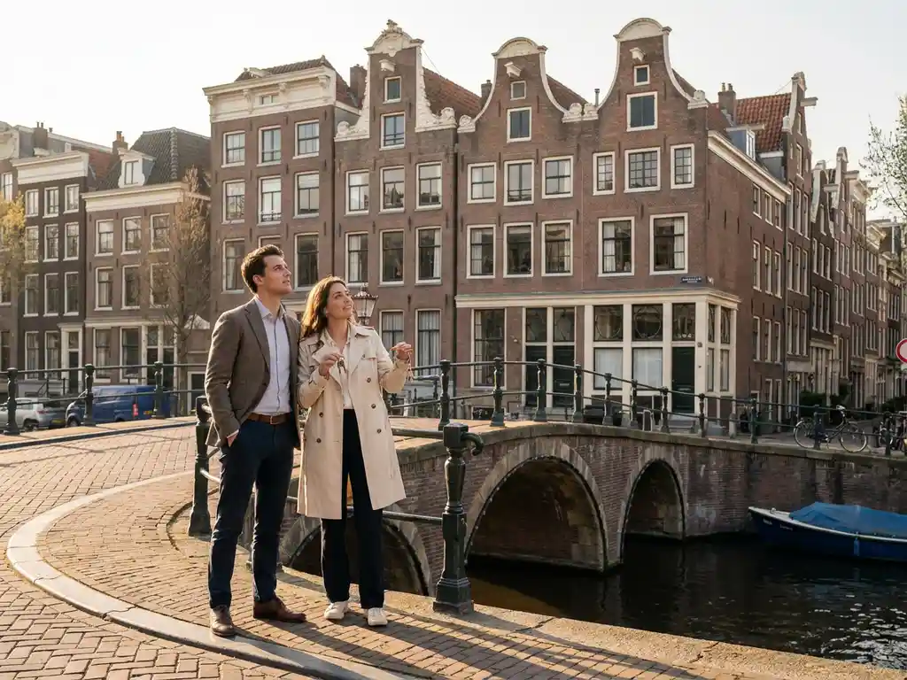 Jong professioneel koppel op Amsterdamse grachtenrug bekijkt historische pakhuizen, vrouw houdt huissleutels vast