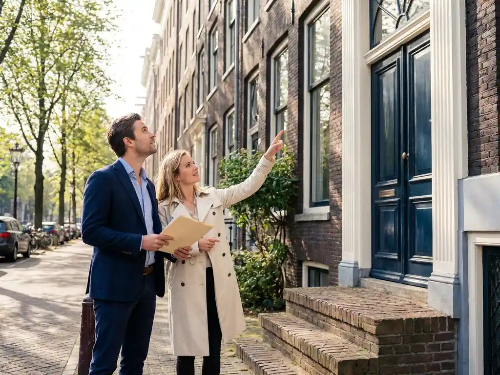 Jong professioneel koppel op stoep van klassiek Amsterdams grachtenpand, man met documenten, vrouw wijzend naar gevel met traditionele Nederlandse architectuur