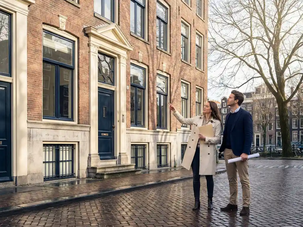 Professioneel stel bestudeert documenten voor klassiek Amsterdam grachtenpand met oranje bakstenen en donkerblauwe kozijnen