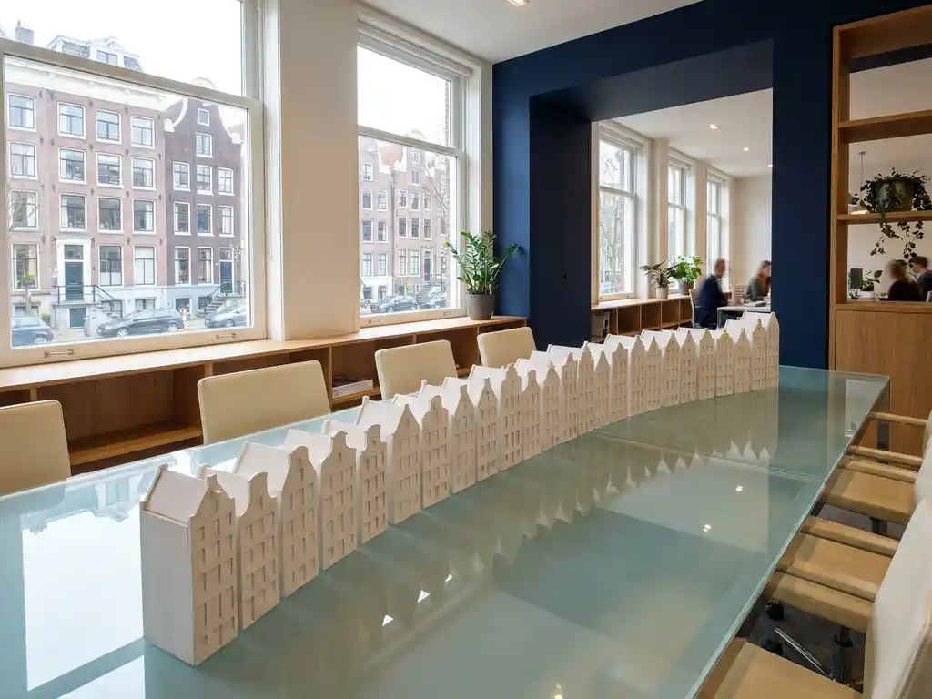 Glazen vergadertafel met minimalistische architectuurmodellen van Amsterdamse grachtenpanden in biedvolgorde, moderne kantooromgeving
