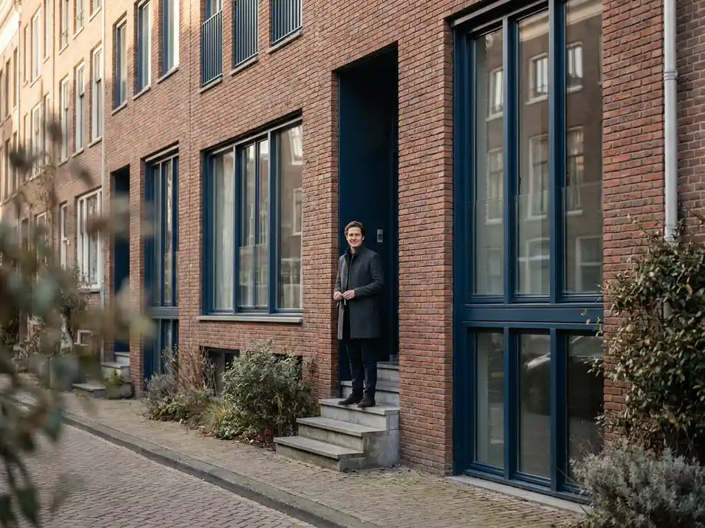 Professionele man met huissleutels voor moderne Amsterdamse grachtenpand met grote ramen en terracotta bakstenen gevel