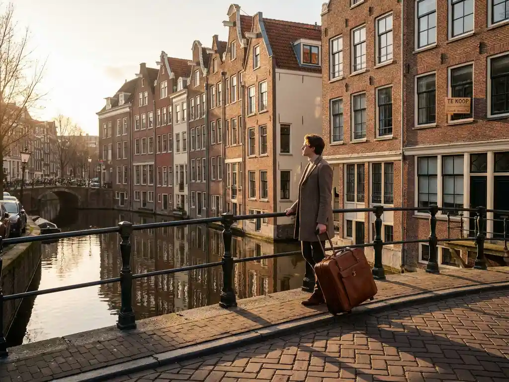Jonge professional met koffer op Amsterdamse gracht brug, traditionele grachtenpanden met trapgevels weerspiegeld in water