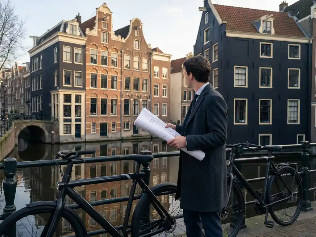 Professionele persoon met bouwplannen voor Amsterdams grachtenpand met karakteristieke trapgevel en fiets