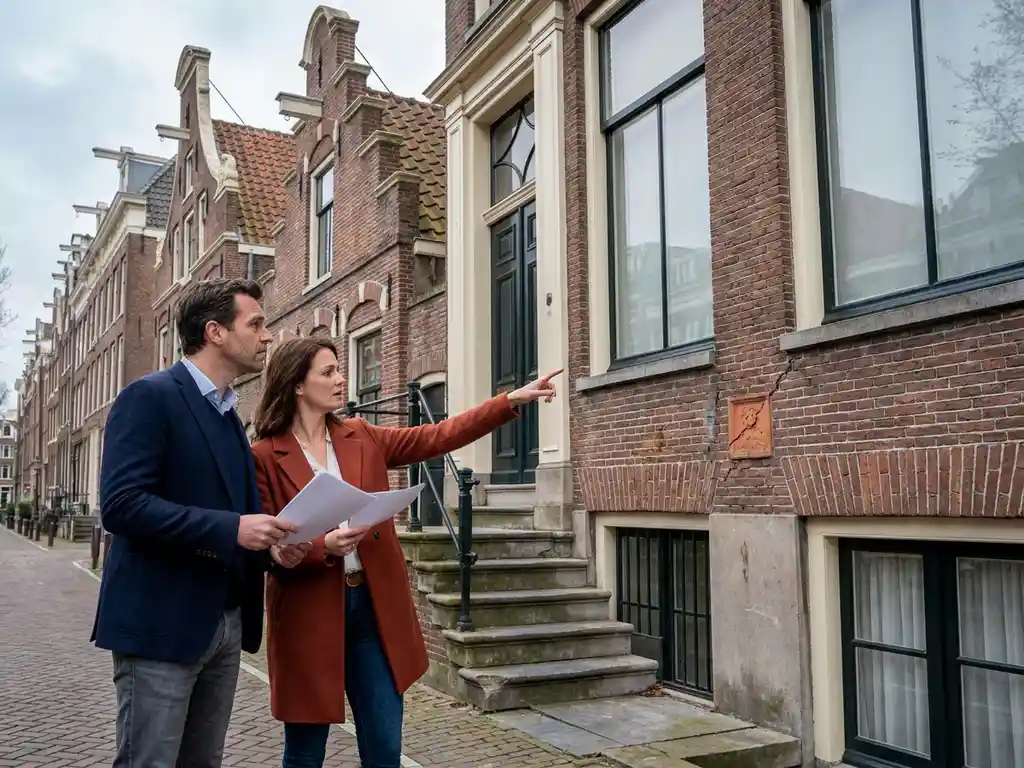 Bezorgd expat-stel met documenten voor Amsterdams grachtenpand met zichtbare structurele problemen aan fundering