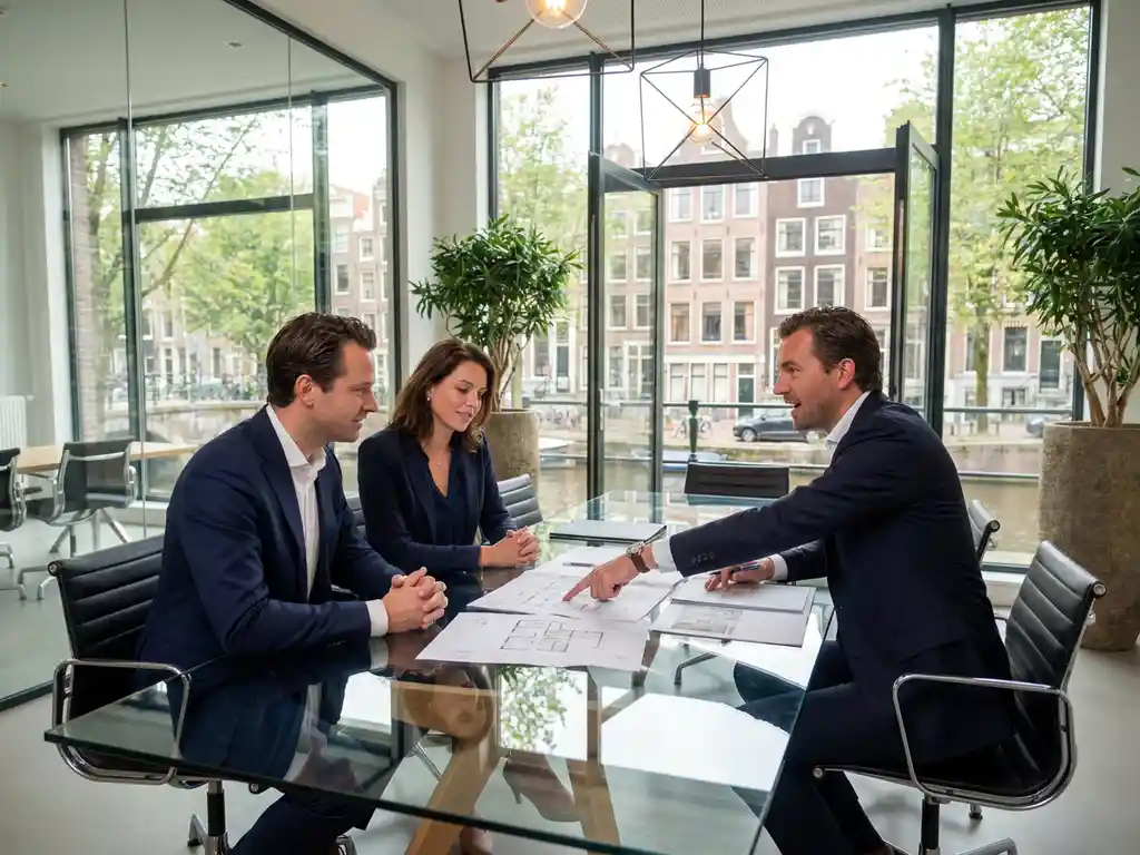 Expat koppel in gesprek met makelaar aan glazen tafel in modern Amsterdams kantoor met grachtenpanden op achtergrond