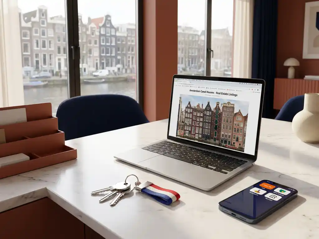 Huissleutels met Nederlandse vlag sleutelhanger op marmeren bureau naast laptop met Amsterdam woningaanbiedingen