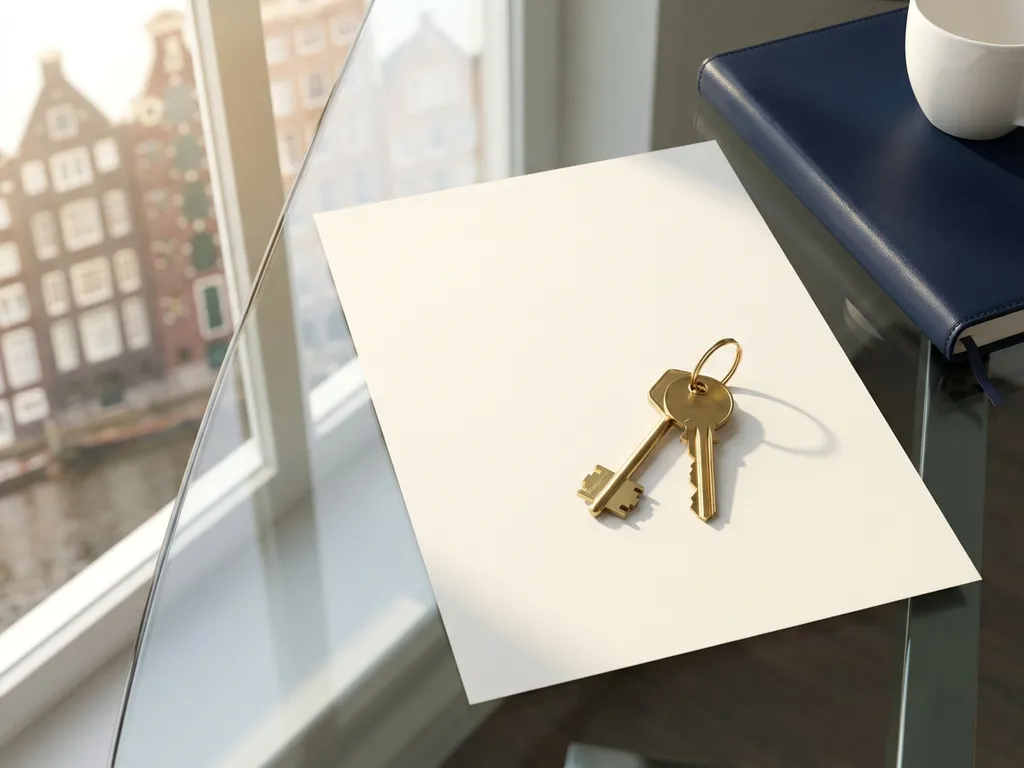 Gouden huissleutels op wit contract document met Amsterdamse grachtenhuizen op achtergrond door raam