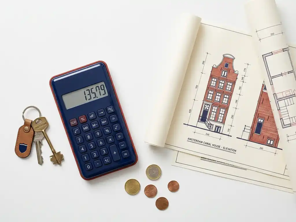 Rekenmachine en Amsterdamse huissleutels op wit bureau naast architecturale tekeningen van grachtenpand met euromunten