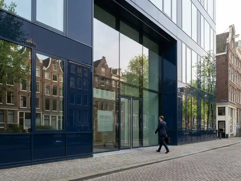 Glazen kantoorgebouw met reflectie van Amsterdamse grachtenpanden, professional loopt naar ingang met 'Te Koop' bord