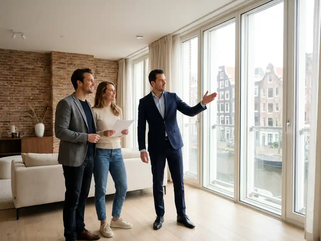 Vastgoedadviseur in marineblauw pak begeleidt internationaal koppel door moderne Amsterdamse woning met uitzicht op grachtenhuizen