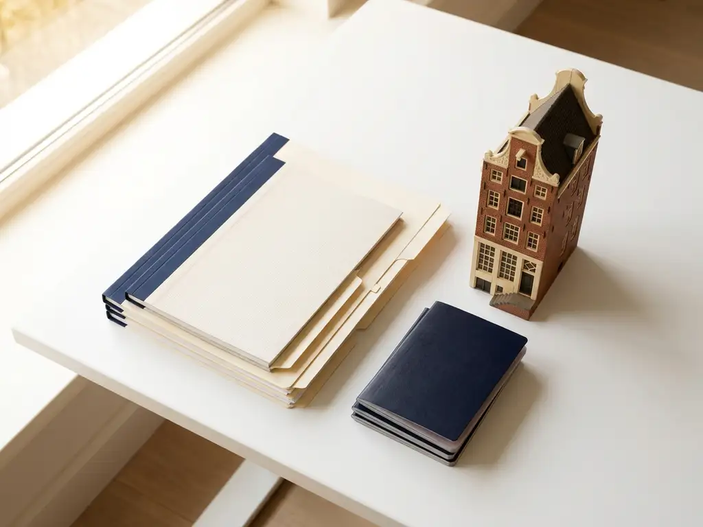 Stapel officiële documenten en paspoorten naast miniatuur Amsterdams grachtenpand op wit bureau, warm natuurlijk licht