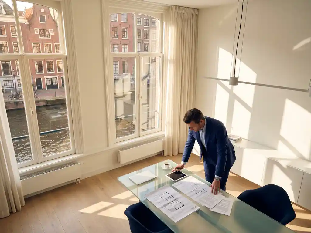Vastgoedconsultant in marineblauw pak bestudeert documenten aan glazen bureau in licht Amsterdams grachtenpand met historische gevels
