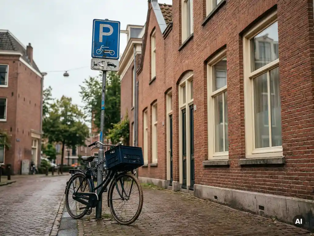 Fiets vastgeketend aan blauw verkeersbord bij bakstenen grachtenpand op rustige kinderkopjesstraat in De Pijp, Amsterdam.