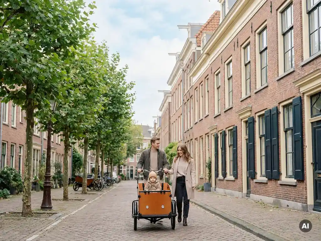 Jong gezin wandelt op een boomrijke straat in De Pijp, kind op bakfiets naast klassieke Amsterdamse grachtenpanden.