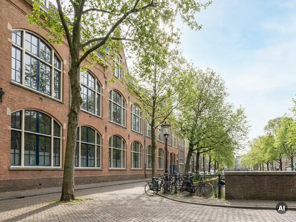 Bakstenen schoolgebouw aan een Amsterdamse gracht in De Pijp, omgeven door platanen en kinderkopjes stoep in zacht ochtendlicht.