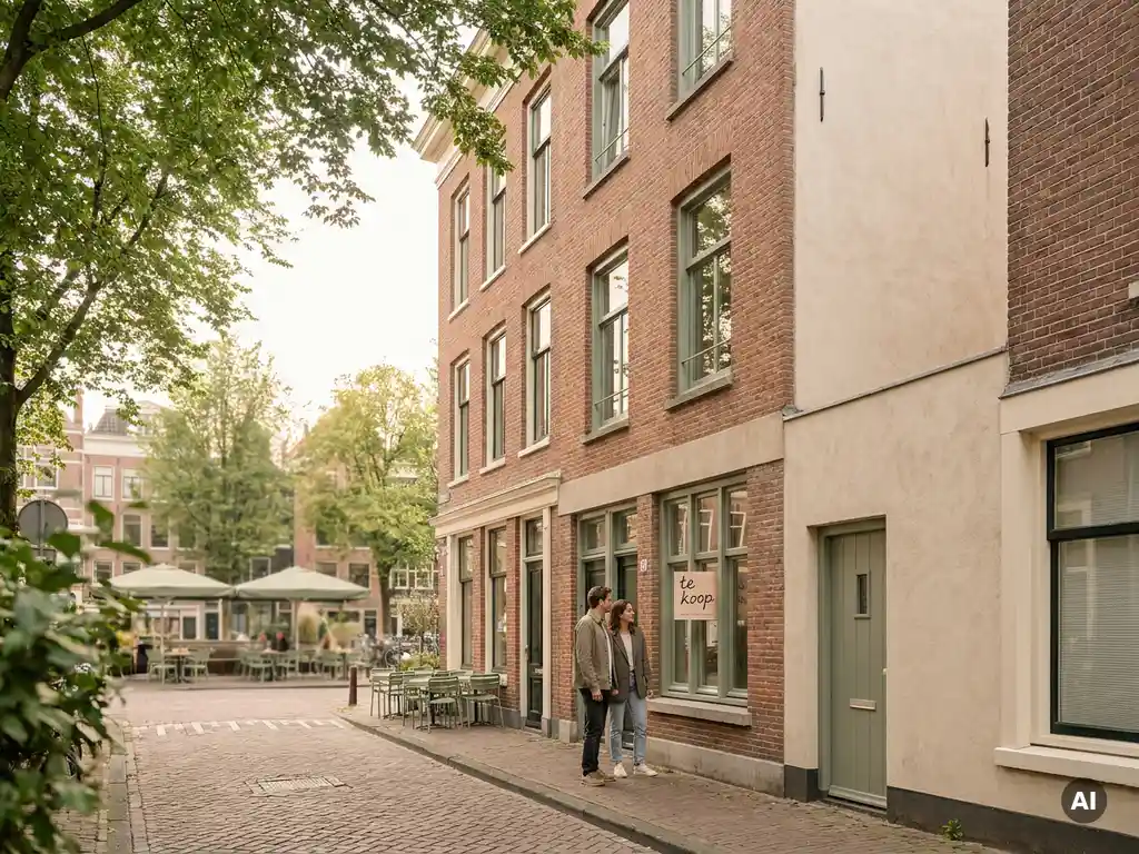 Stel bekijkt een te koop-bord bij een grachtenpand in De Pijp, Amsterdam, omgeven door bomen en terracotta bakstenen gevels.