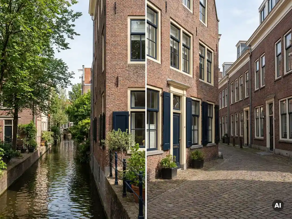 Klassieke Amsterdamse grachtenpand in roodbruin baksteen langs een smalle gracht met keien, bomen en zacht middaglicht.