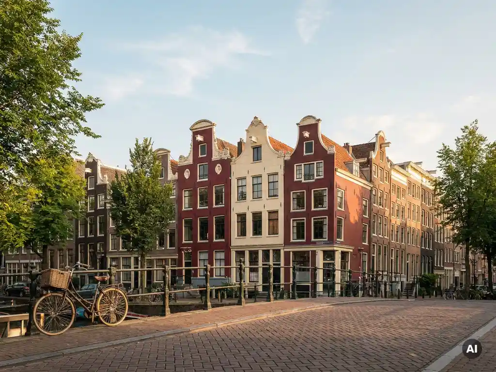 Smalle grachtenpanden in De Pijp met sierlijke trapgevels, een fiets tegen het ijzeren hek in warm middaglicht.