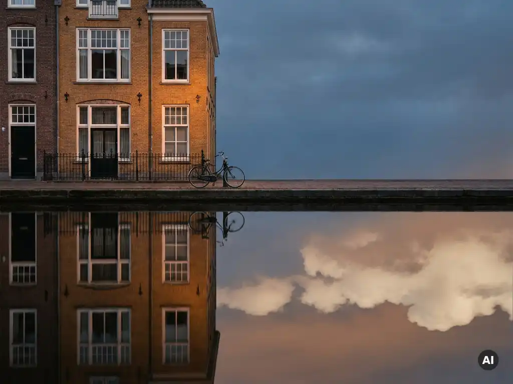 Klassiek Amsterdams grachtenpand met amberkleurig baksteengevels en witte raamkozijnen, weerspiegeld in het stille water, fiets tegen ijzeren reling.