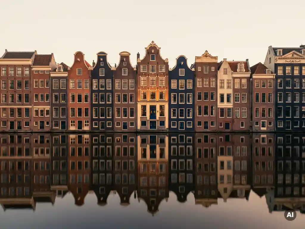 Amsterdamse grachtenpanden met bakstenen gevels weerspiegeld in stil water, één pand verlicht in goudgeel licht tijdens late namiddag.