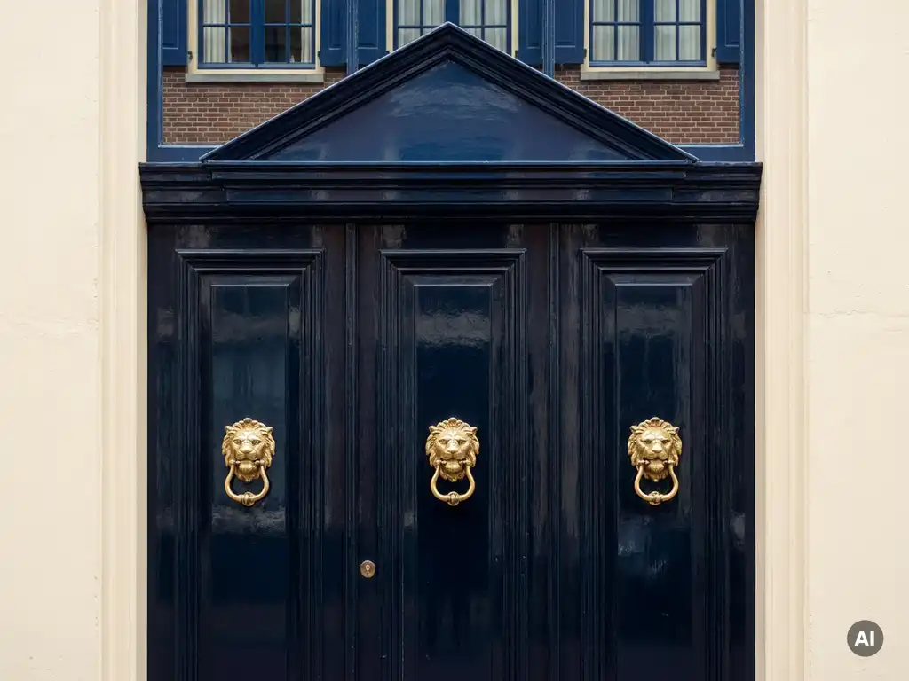 Drie messing deurkloppers op donker geschilderde houten deuren van een Amsterdams grachtenpand, omgeven door warm baksteenrood en marineblauw.