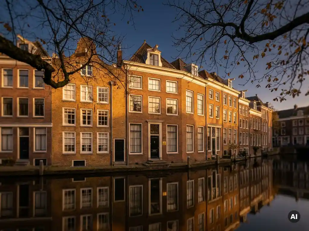 Amsterdamse grachtenpanden met warme bakstenen gevels en witte raamkozijnen weerspiegeld in het stille water bij gouden uur.