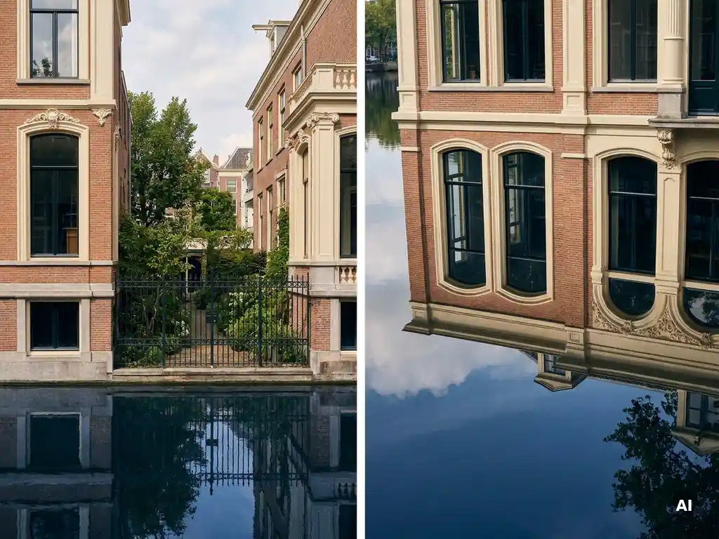 Klassieke Amsterdamse grachtenpand met bakstenen gevel, hoge boogvensters en sierlijke details, weerspiegeld in donker kanalwater.