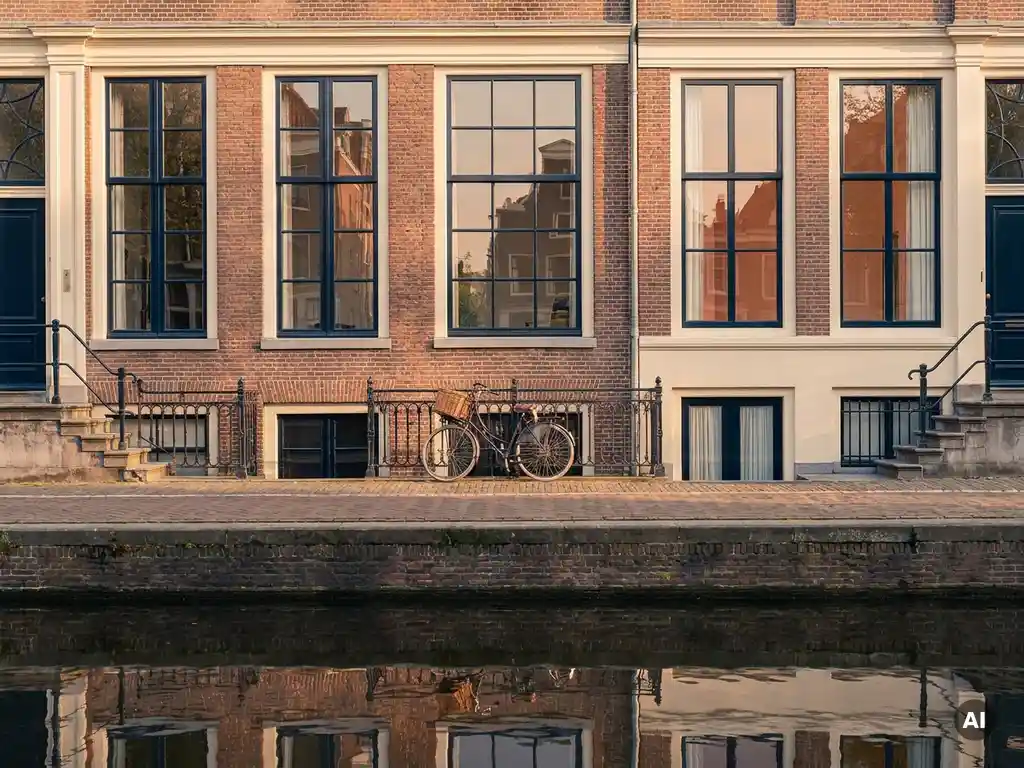 Amsterdams grachtenpand met bakstenen gevel, grote ramen en marineblauwe kozijnen, fiets tegen ijzeren reling in ochtendlicht.