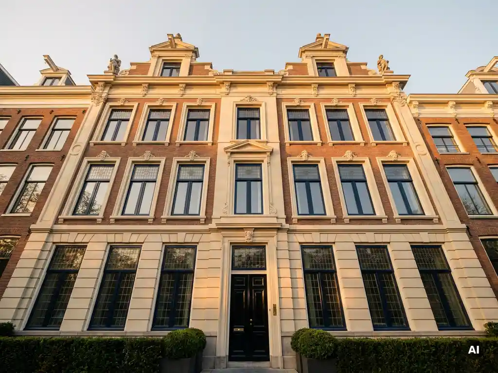 Klassieke Amsterdamse grachtenpand gevel met sierlijke stenen details, marineblauw kozijnen en gepolijste zwarte voordeur in middagzon.