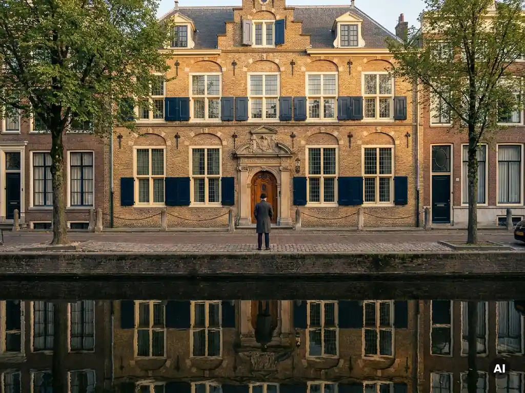 Klassieke Amsterdamse grachtenpand met bakstenen gevel en sierlijke entree, weerspiegeld in donker kanalwater, warme middagzon op kasseien.