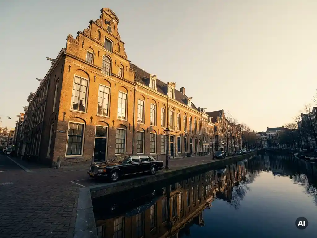 Monumentaal Amsterdams grachtenpand met siergevel, honingkleurig baksteen en hoge boogvensters, zwarte luxeauto op de kinderkopjes bij gouden-uurlicht.
