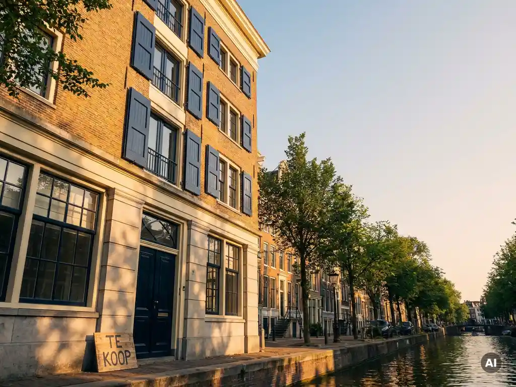 Amsterdams grachtenpand in gouduur licht met Te Koop-bord bij de ingang, weerspiegeld in het stille kanaalwater.