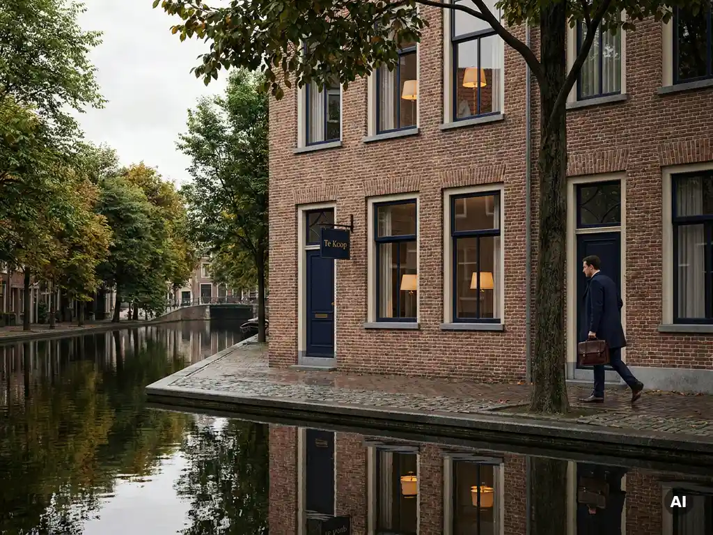 Amsterdams grachtenpand met 'Te Koop'-bord, bakstenen gevel weerspiegeld in rustig water, professional wandelt over kinderkopjes.
