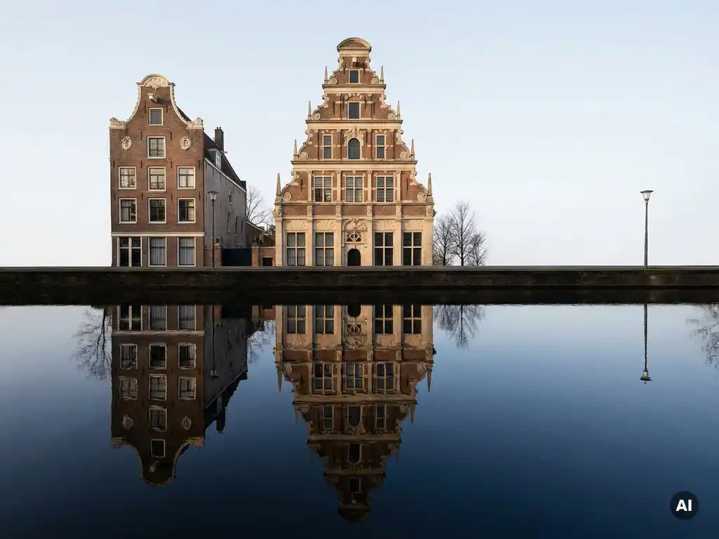 Amsterdams grachtenpand met trapgevel weerspiegeld in donker stilstaand water, terracotta baksteen en crème stenen details in zacht daglicht.
